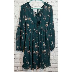 Mudd Floral Dress Long Sleeve Sheer Green Dress Tie‎ Neck Babydoll Style M